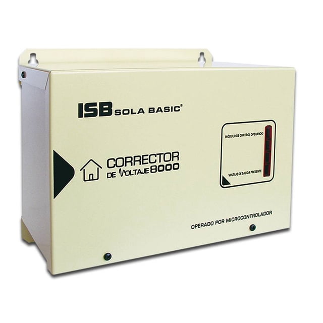 regulador de voltaje industrial sola basic, entrada 120 V, 4,000 VA. Unidad rectangular color negro con logo Sola Basic en el frente, texto 'Corrector de voltaje', indicador vertical de estado a la derecha y orificios para montaje; incluye transformador y control por microcontrolador, suele usarse también para estabilizar equipos electrónicos en talleres.