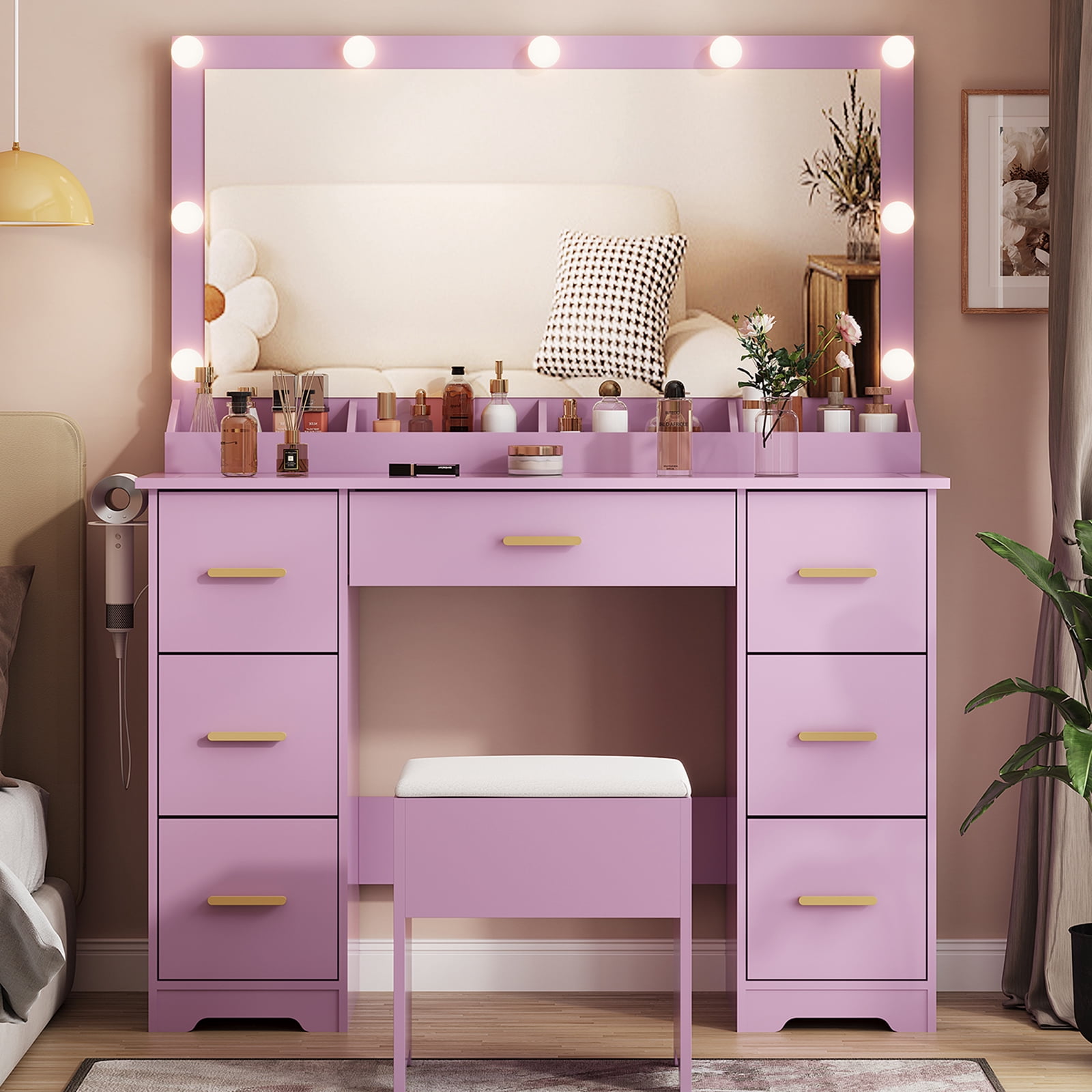 Vanity Desk with 38" Large Mirror and 9 LED Lights & Glass Top and Power Outlet, Adults Makeup Vanity with Chair and 7 Storage Drawers, Dressing Table Set for Bedroom, Modern Purple