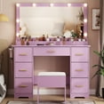 thumbnail image 6 of Vanity Desk with 38" Large Mirror and 9 LED Lights & Glass Top and Power Outlet, Adults Makeup Vanity with Chair and 7 Storage Drawers, Dressing Table Set for Bedroom, Modern Purple, 6 of 7