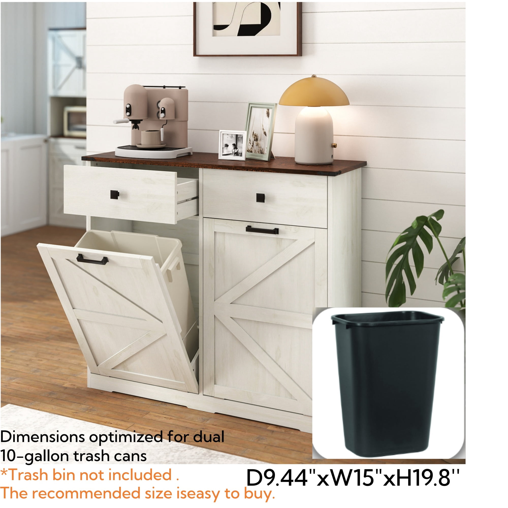 Leumius 20 Gallon Farmhouse Double Tilt Out Trash Cabinet, Free Standing Recycling Cabinet with Hideaway Drawer, Barn Door Style Laundry Sorter Cabinet, Tilt Out Trash Cabinet for Kitchen White