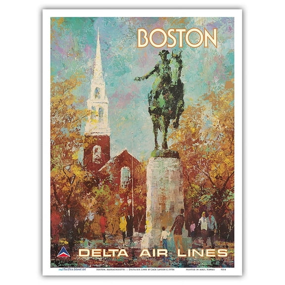 Boston Massachusetts - Paul Revere Monument - Delta Air Lines - Vintage Airline Travel Poster by Jack Laycox c.1970s - Master Art Print (Unframed) 9in x 12in
