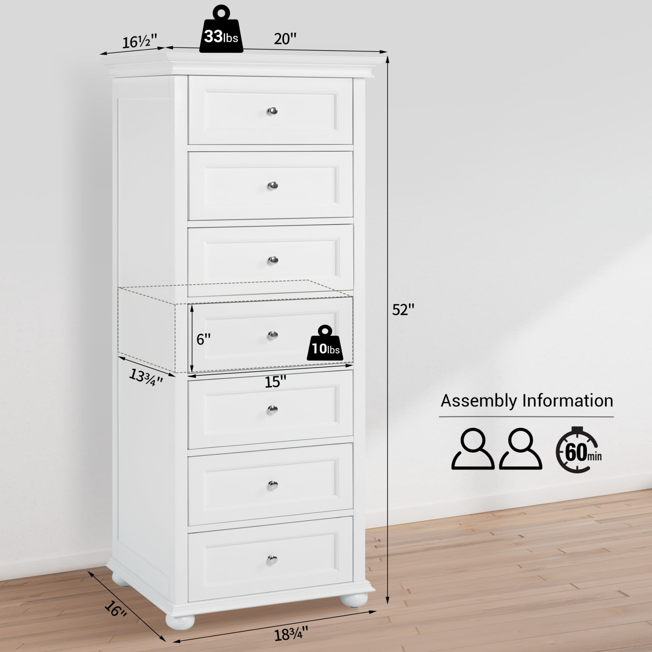 BOUQUETYZ Tall Skinny White Dresser with 7-Drawer, Tall Narrow Chest of Drawers for Bedroom, Solid Wood Legs & Silent Metal Glides, 52" H