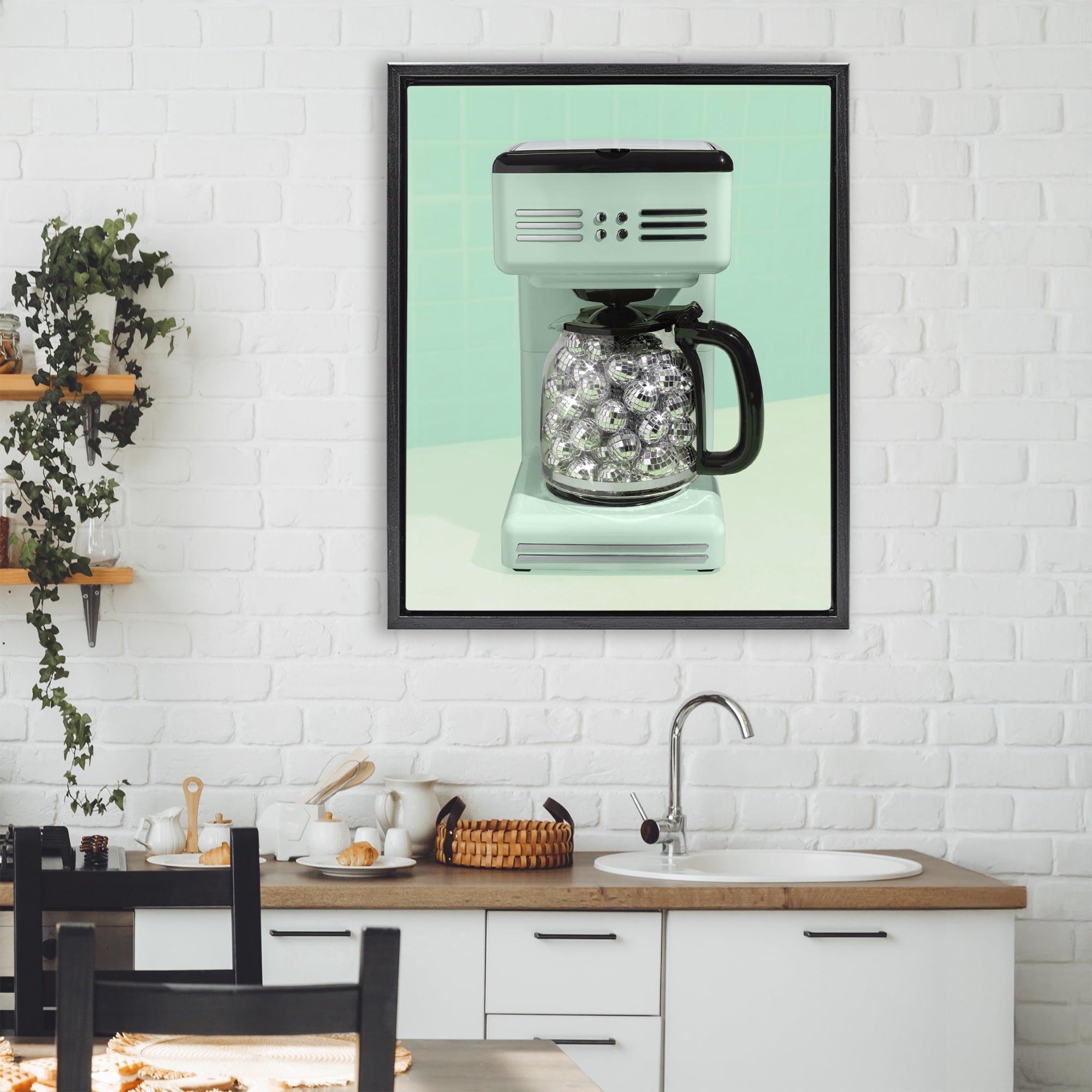 Stupell Industries Disco Coffee Maker over Green Black Framed Floater Canvas Wall Art, design by LISH Creative