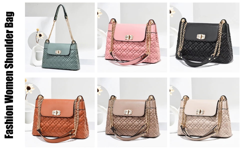 PORT&LOTUS Pink Stylish Quilted Shoulder Bag with Gold Chain and Elegant Twist Lock Ideal Fashion Accessory for Women Handbags Purses with Chain Strap