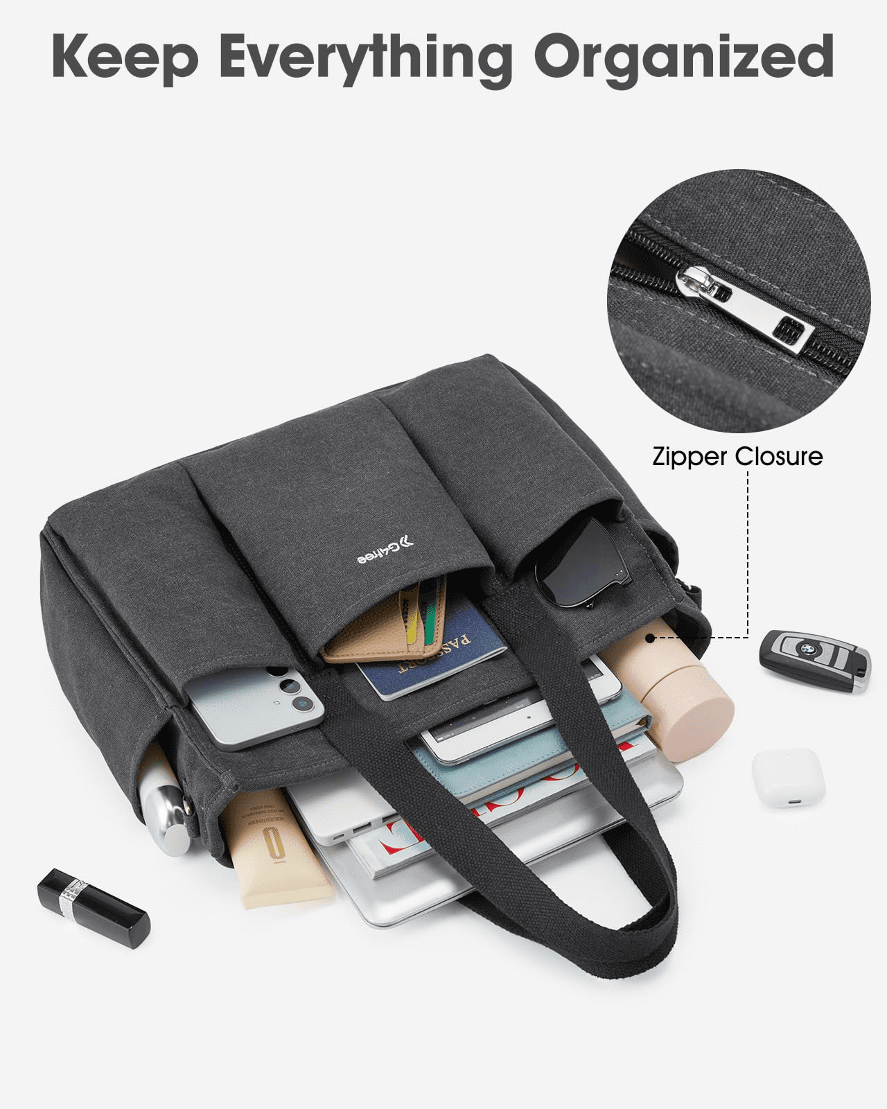 G4Free Canvas Tote Bag with Pockets, Medium Size Crossbody Work Tote Bag for Women Zipper Closure