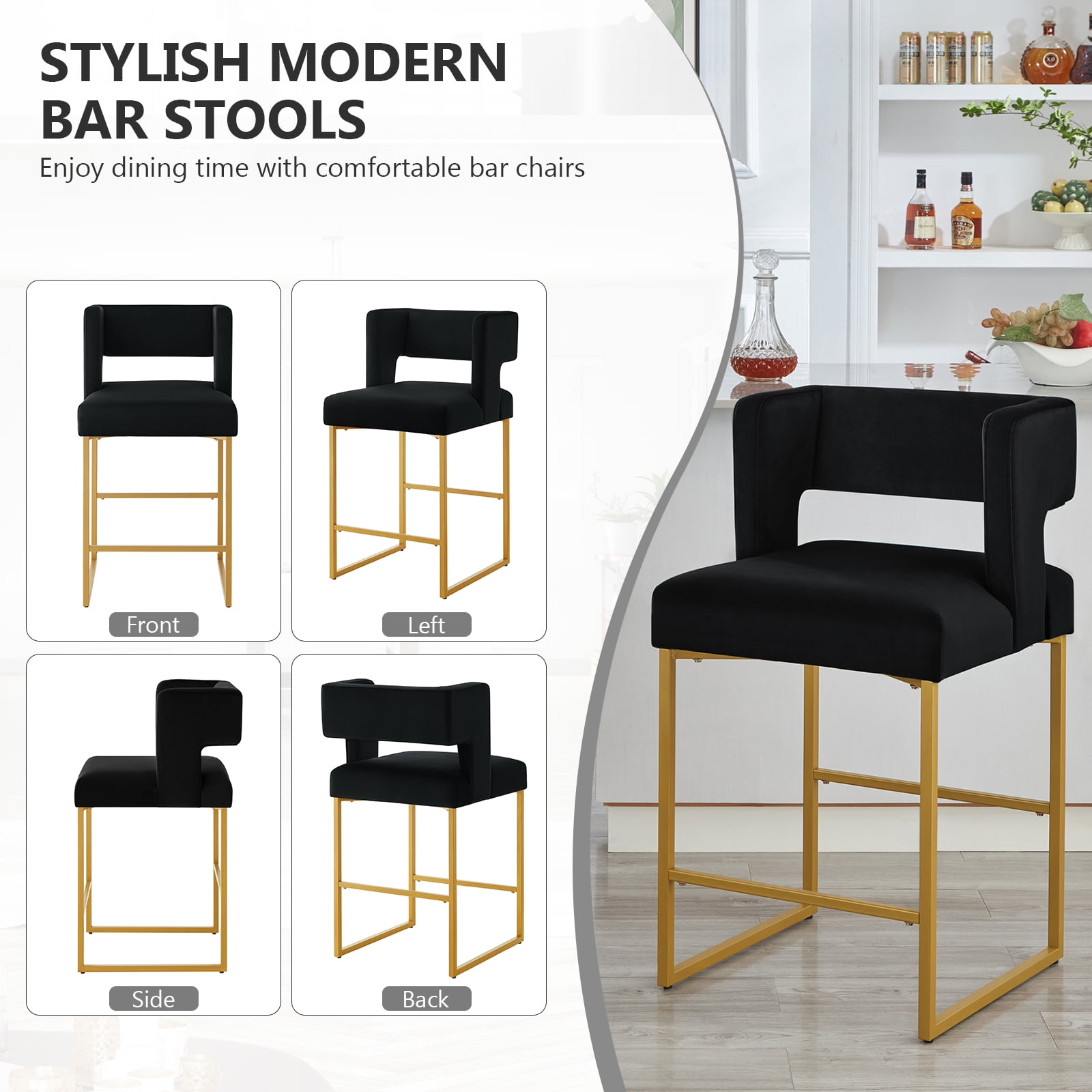 Lecut 26" H Counter Height Bar Stools Set of 2, Modern Velvet Bar Stools with Square Open Backrest and Gold Metal Frame, Kitchen Counter Stools for Island, Home Bar, Pub,Black+Gold