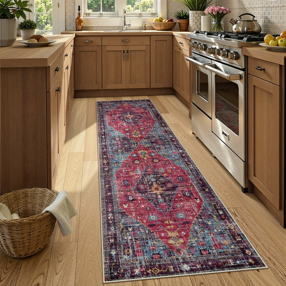 Lahome Decor 2'x6'Vintage Runner Rug for Hallway,Machine Washable Distressed Kitchen Runner Rug,Oriental Distressed Indoor Foldable Ultra-Thin Rug Retro Accent Rug,Non Slip Carpet,Purple