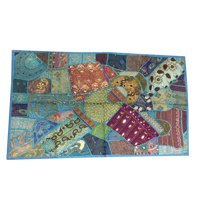Mogul Vintage beaded Ocean Blue, Mauve, Russet, Teals, Green, Sari Tapestry Ethnic Zardozi Embroidered Patchwork Wall Hanging Decor