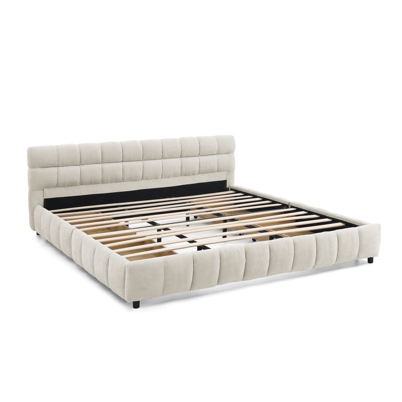 King Size Upholstered Platform Bed with 4 Storage Drawers, Low-Profile Chenille Grounded Bed with Headboard and Solid Frame, No Box Spring Needed