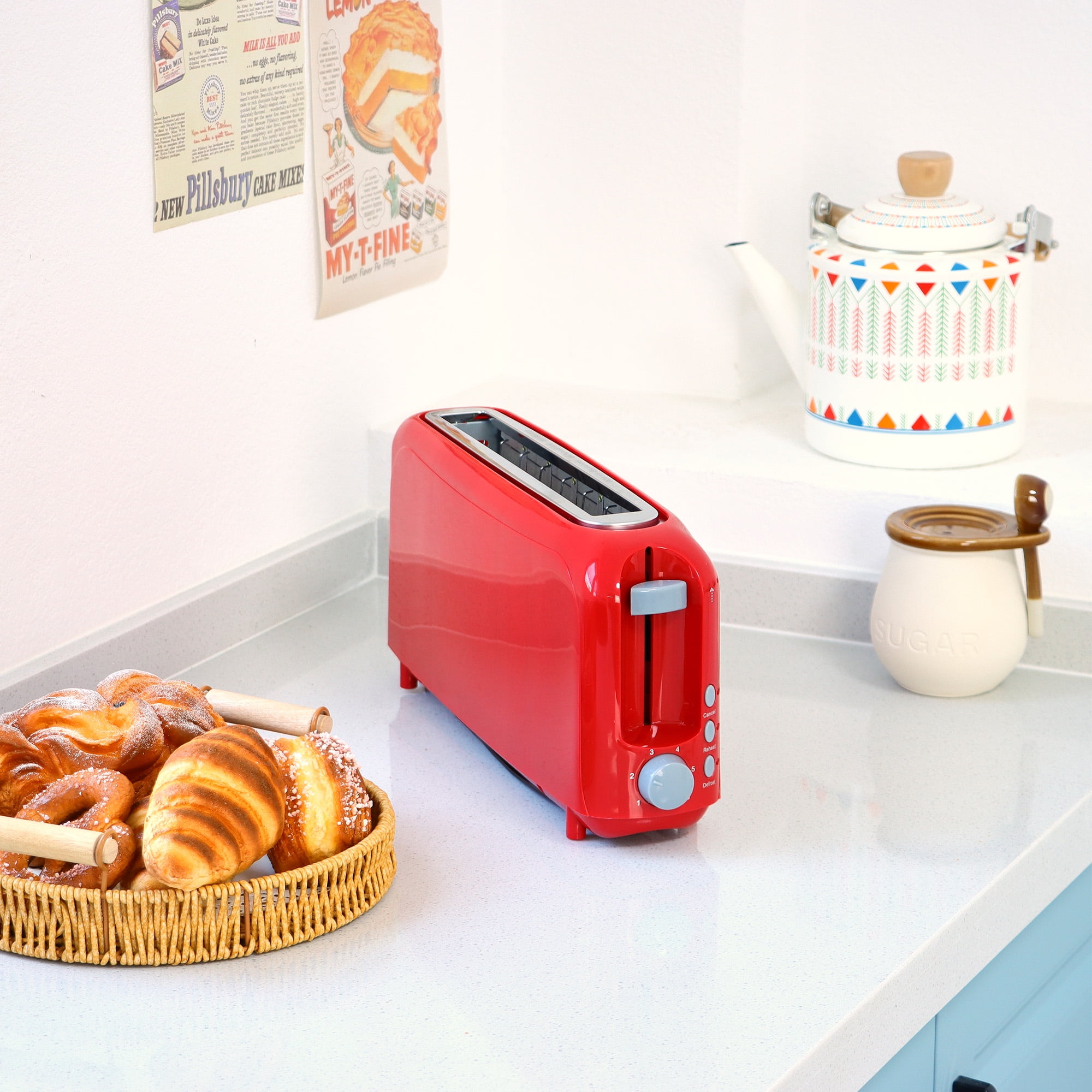 Red 2-Slice Slim Toaster - 10" Long Slot for Bagels & Artisan Bread, 6 Shade Settings, Cancel/Reheat/Defrost, Removable Crumb Tray, Auto Shut-Off