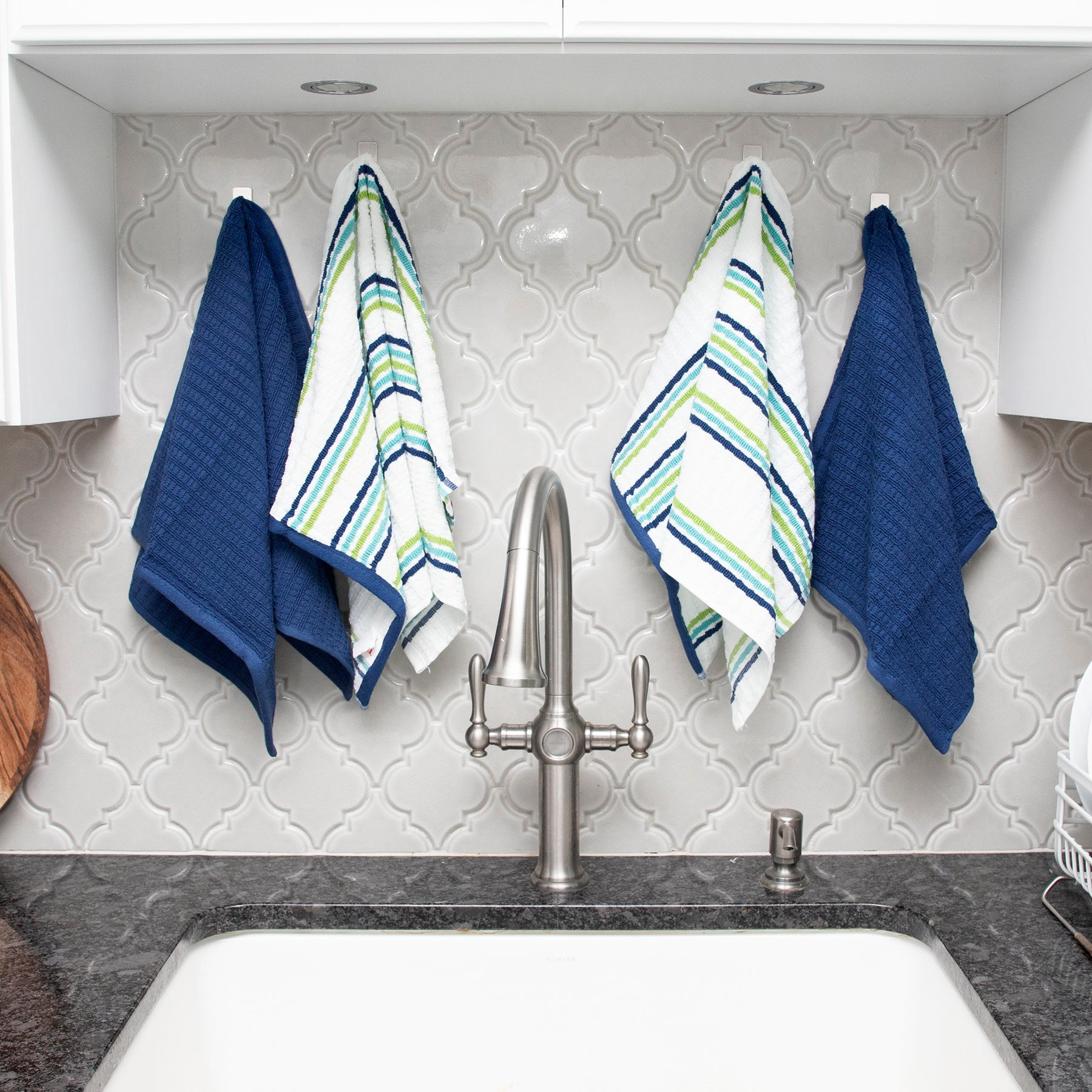 T-Fal Solid & Stripe Premium Kitchen Towels, 4-Pack, Blue