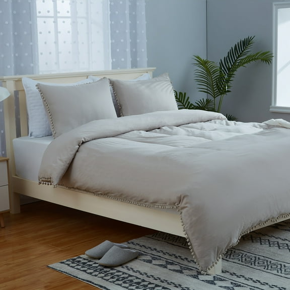 EastVita Pom Pom Duvet Cover Queen Size, 3 Pieces Soft Washed Microfiber Duvet Cover Set with Zipper Closure