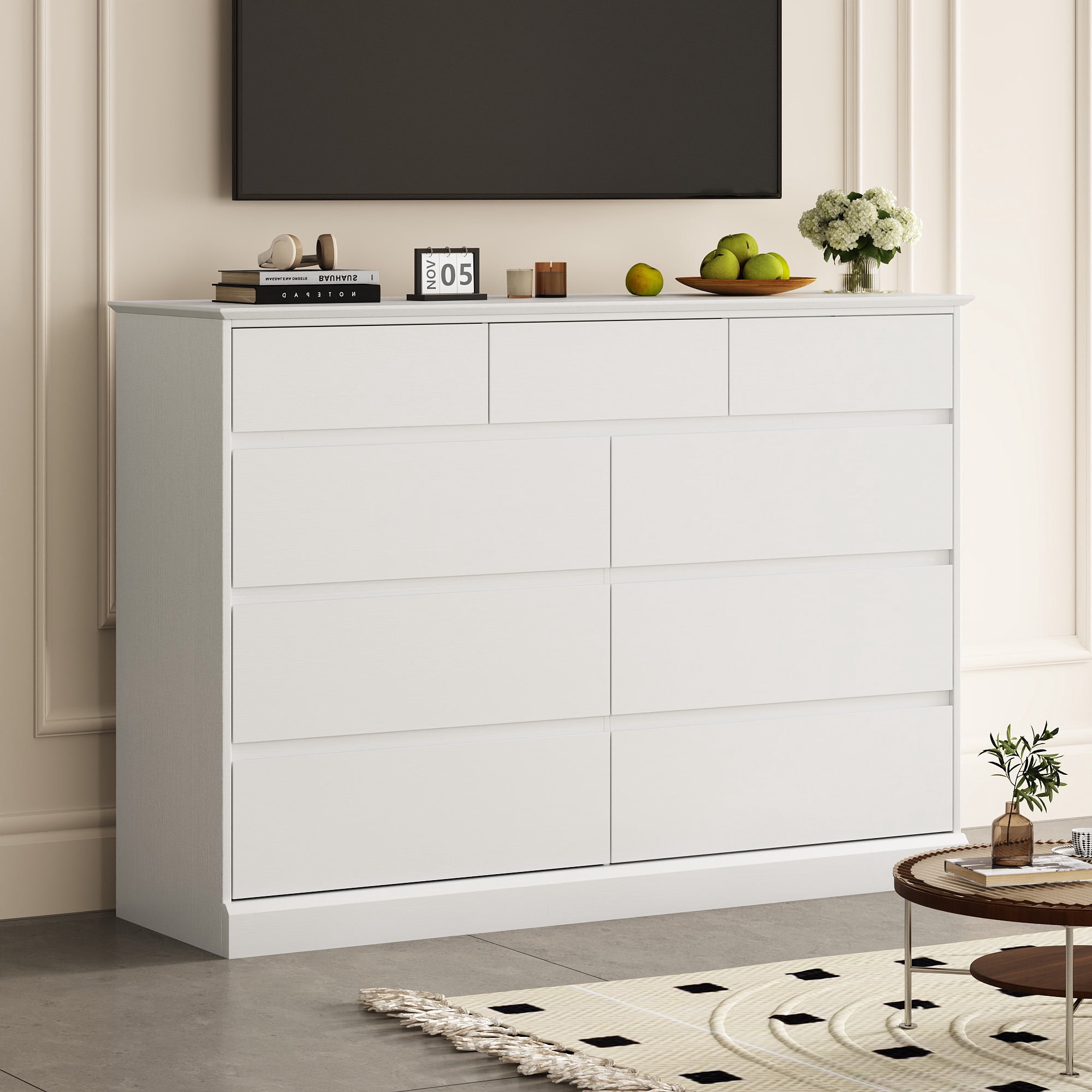 9 Drawer Dresser, White Chest of Deep Drawers, Modern Dressers with Storage, Large Drawer Organizer for Bedroom, Living Room, Handless Design, White