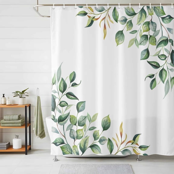 Shower Curtain Spring Eucalyptus Leaves Shower Curtains for Bathroom Decor, Waterproof Polyester Shower Curtain Set with Hooks, Extra Long 72" x 96" Green Leaf White