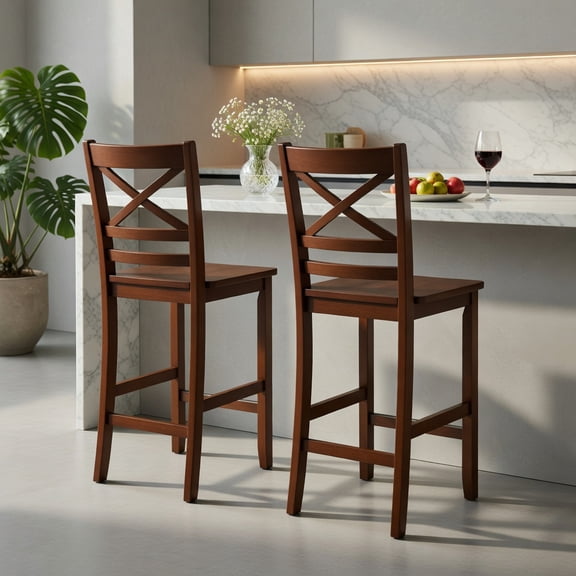 Demi Bonn Set of 2 Bar Stools 25" Counter Height Bar Stools with Rubber Wood Legs, Modern Dining Chair with Backrests, Brown