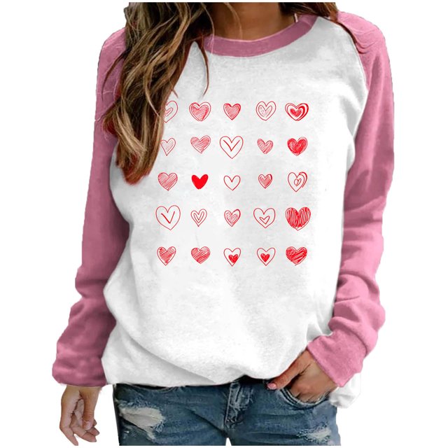 Cameland Rabais Saint-Valentin Femmes Mignon Rouge Cœur Graphique T-Shirts Raglan Manches Longues Col Rond Chandails en Molleton Ample Décontracté Tops Rose