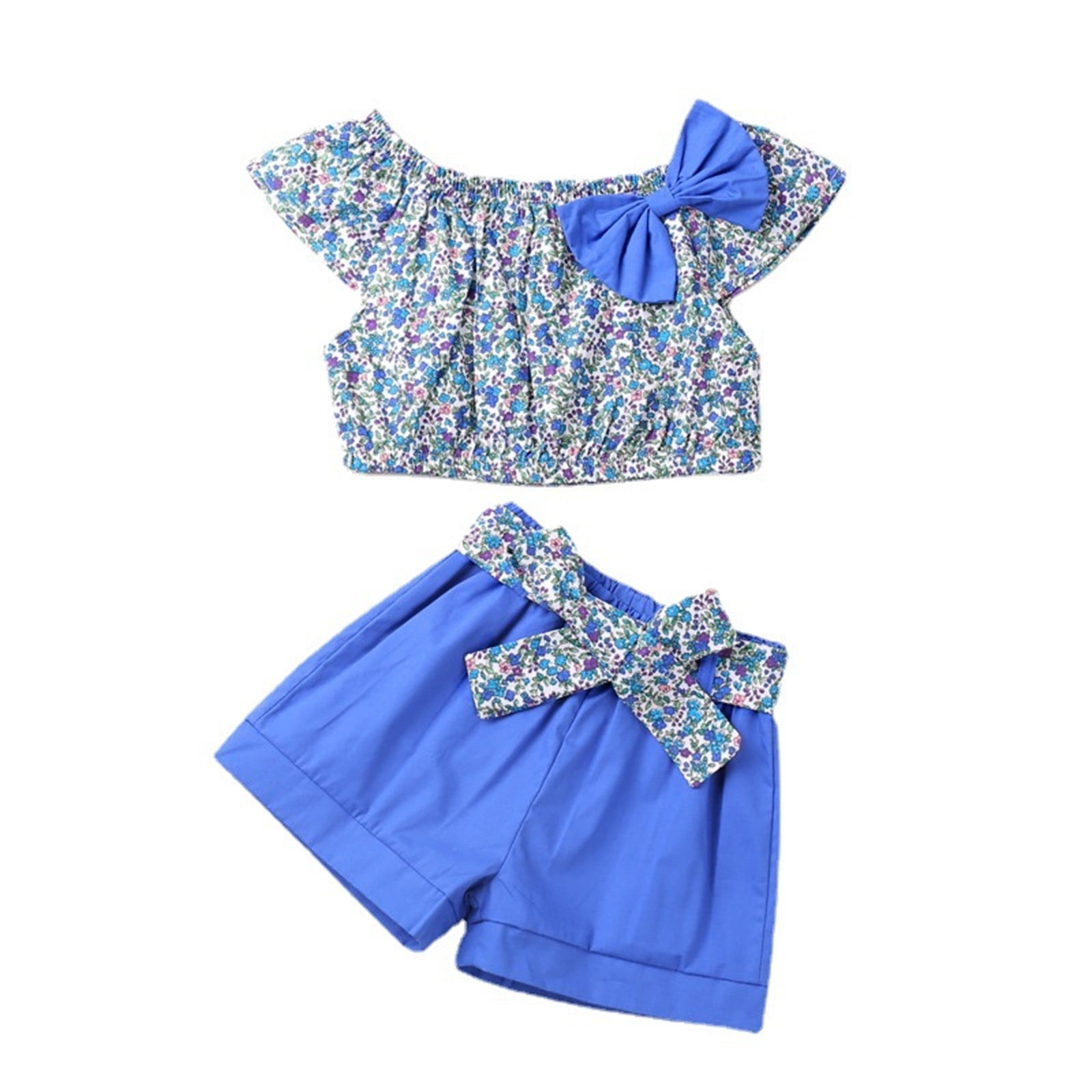 PEASKJP Girls T Shirt Short Sets Short Sleeve Twist Wrap Top and Tie Front Shorts Set Blue 130