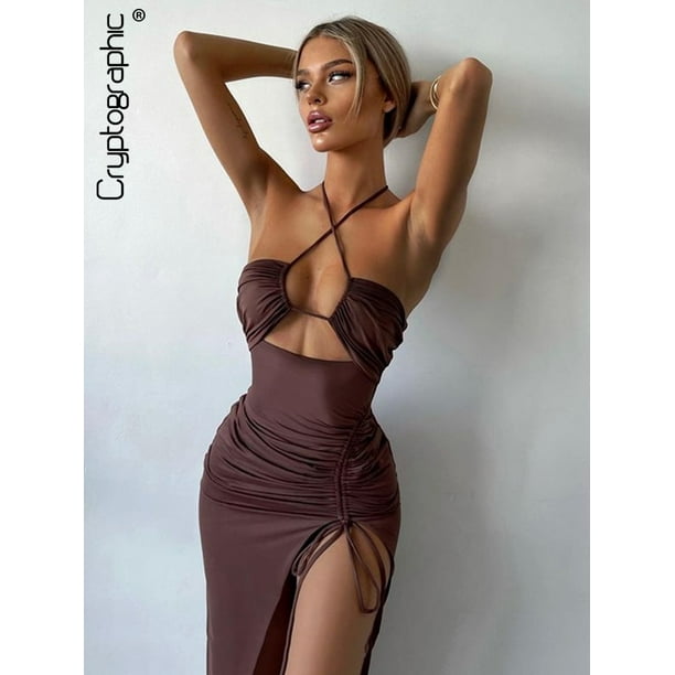 Cryptographic Hot Summer Sexy Halter Backless Sleeveless Cut Out Maxi Dress for Women Elegant Club Party Slit Dresses VestidoS Gao Jinjia LED Walmart en linea