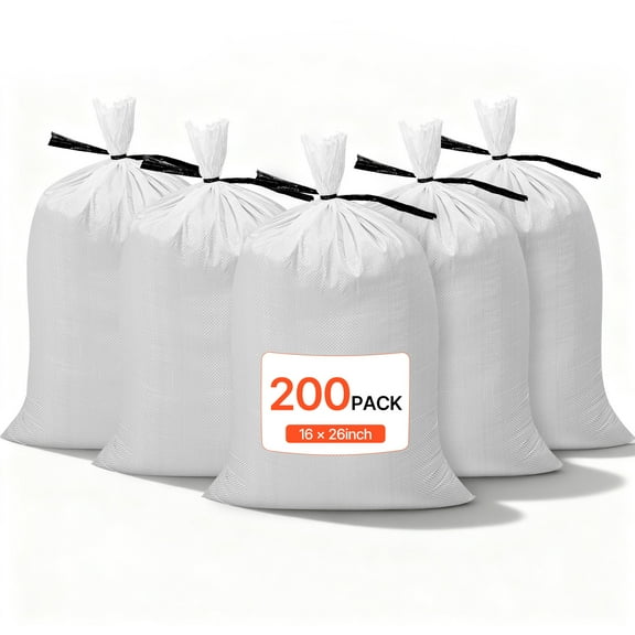 VEVOR Empty Sandbags, 200 Packs 16 x 26 in, Heavy Duty Sand Bags Sacks with Ties, 50lb Capacity Woven Polypropylene Sandbags, Tear-Resistant & UV-Resistant Sand Bags for Flood Protection Barrier