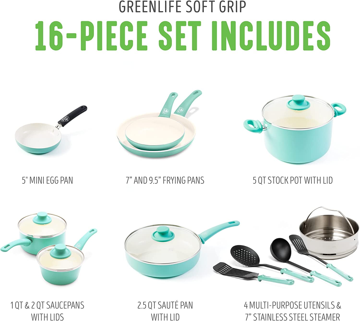 GreenLife Soft Grip Healthy Ceramic Nonstick 16 Piece Kitchen Cookware Pots and Frying Sauce Saute Pans Set, PFAS-Free with K