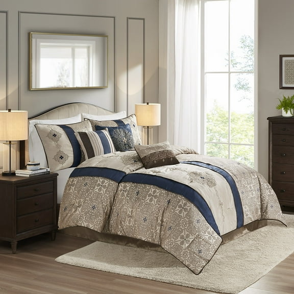 King 7 Piece Jacquard Comforter Set with Throw Pillows