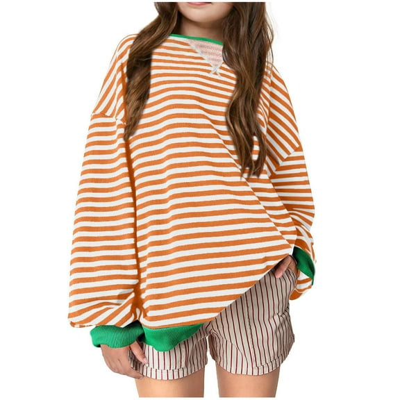 Girls' Athletic Sweatshirts New Girls Striped Oversized Sweatshirt Color Block Crew Neck Long Sleeve Shirt Casual Loose Pullover Tops Orange 140