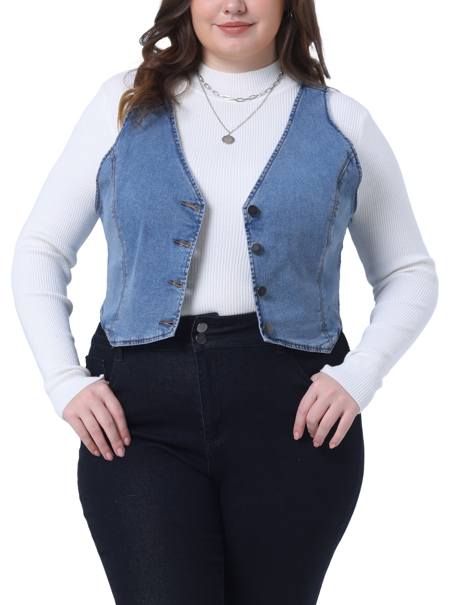 DARING DIVA Women's Plus Size Sleeveless V Neck Button Down Denim Vest 1X Light Blue