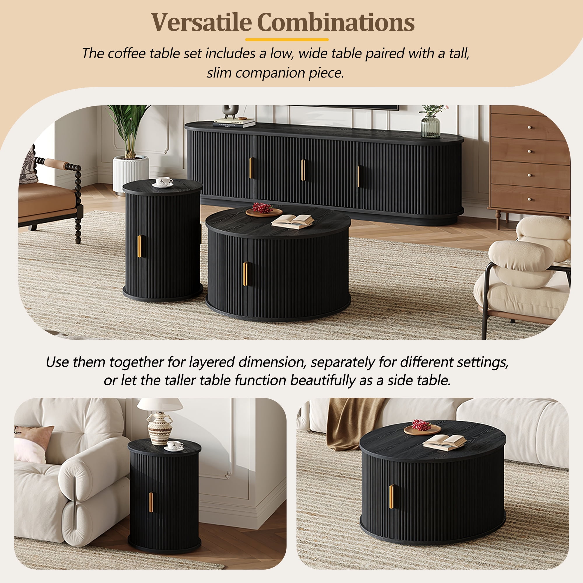 Euroco Wooden TV Stand & Coffee Table Set with Fluted Sliding Doors for TVs up to 75", Golden Handles Media Console with Cable hole, Farmhouse Round Center Table for Living Room, Black