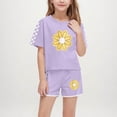 thumbnail image 2 of Fesfesfes Boys and Girls' Fashion Printed Short Sleeve Button-Down Top and Shorts Set Casual 2 Piece Summer Outfits,Round Neck Breathable Clothing Sets,Cute Playwear for Children(Purple#1,13 Years), 2 of 8