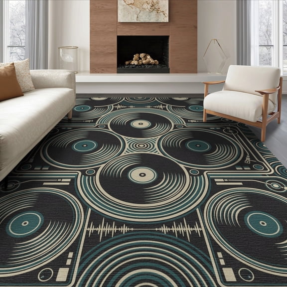 ODIKA 8'x10' Washable Area Rug Music Retro Dj Turntable Border Player Cassette Record Vintage Vinyl Playful for Dining Room, Large Office, Lounge, Non-Slip Chair-Friendly Mat