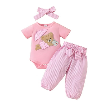 

Baby Girl Outfits Short Sleeve Cartoon Bear Embroider Romper Bodysuit Striped Pants Trendy Clothes for Girls Size 0-3 Months