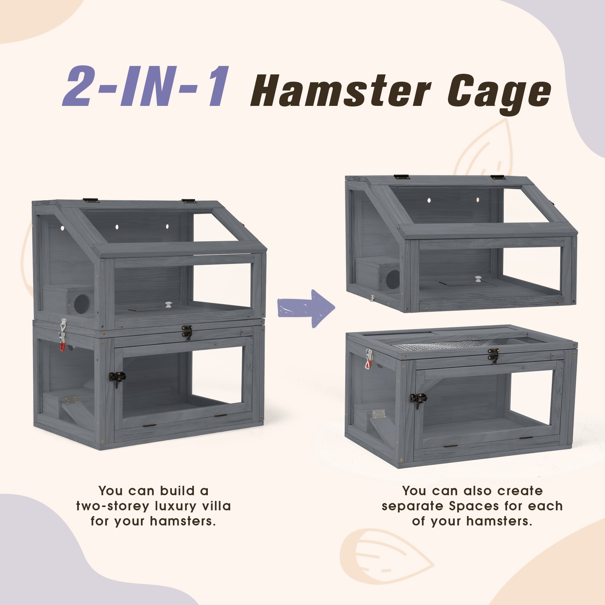 COZIWOW 2-Tiers Wood Hamster Cage with Hideouts, Ramps, Acrylic Window, Door Access for Small Animals, Gray