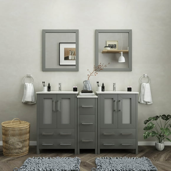 Vanity Art 60 in. W Double Sink Bathroom Vanity with Ceramic Top and Free Mirrors