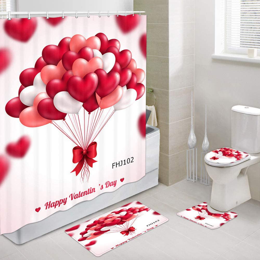 Valentine's Day Balloon Shower Curtain Toilet Cover Rug Bath Mat Contour Rug Set 