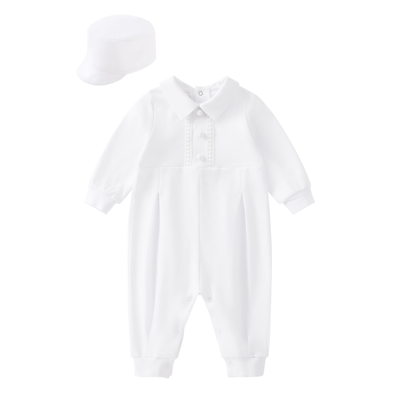 pureborn Baby Boys Baptism Outfits Long Sleeve Jumpsuit with Bonnet 2 Pcs Spring Fall Cotton Christening Clothing White 3-6 Months