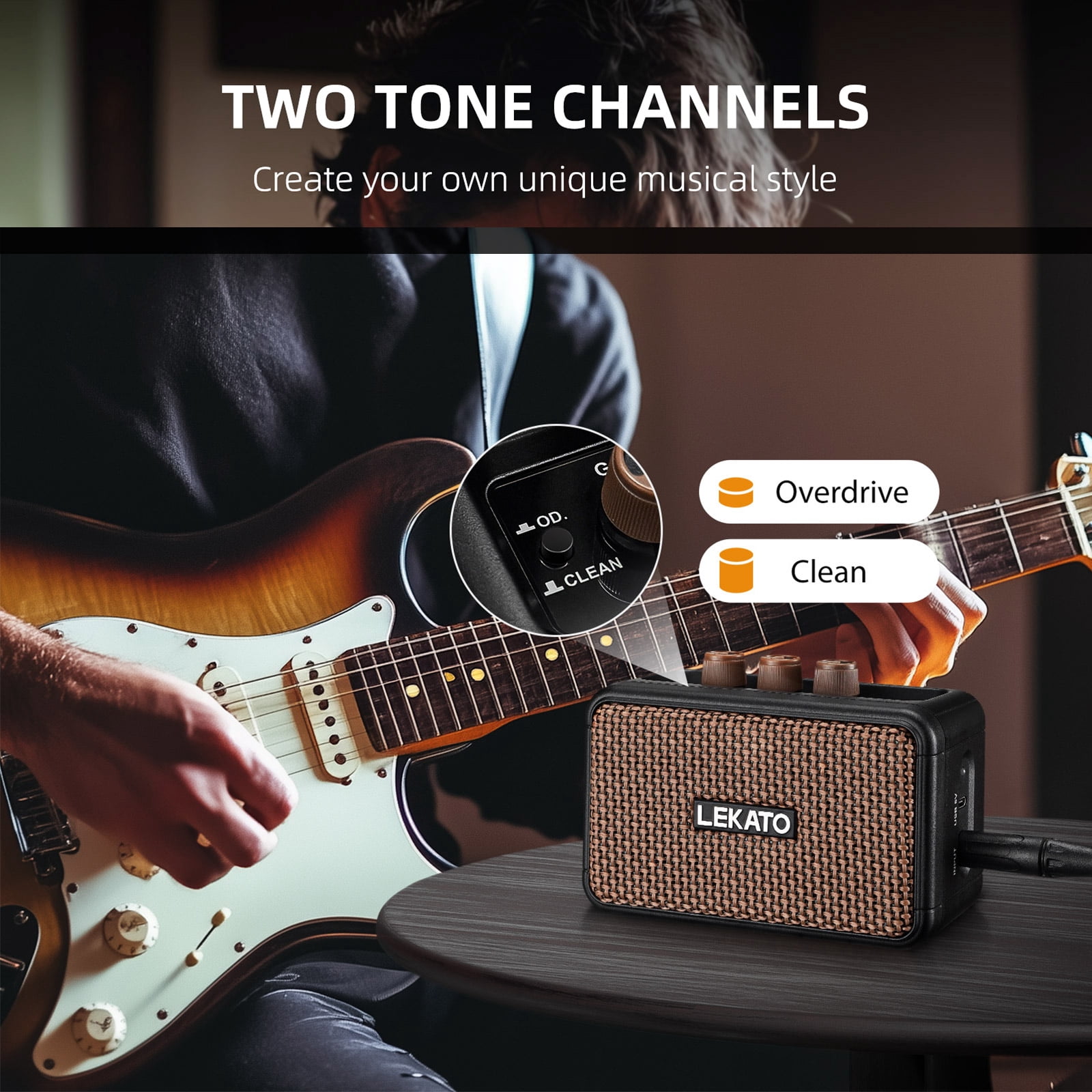 LEKATO Mini Electric Guitar Amplifier Dual Speakers 5W Rechargeable Guitar Amp Bluetooth with Clean Overdrive Effects Retro Portable Small Guitar Amp for Practice