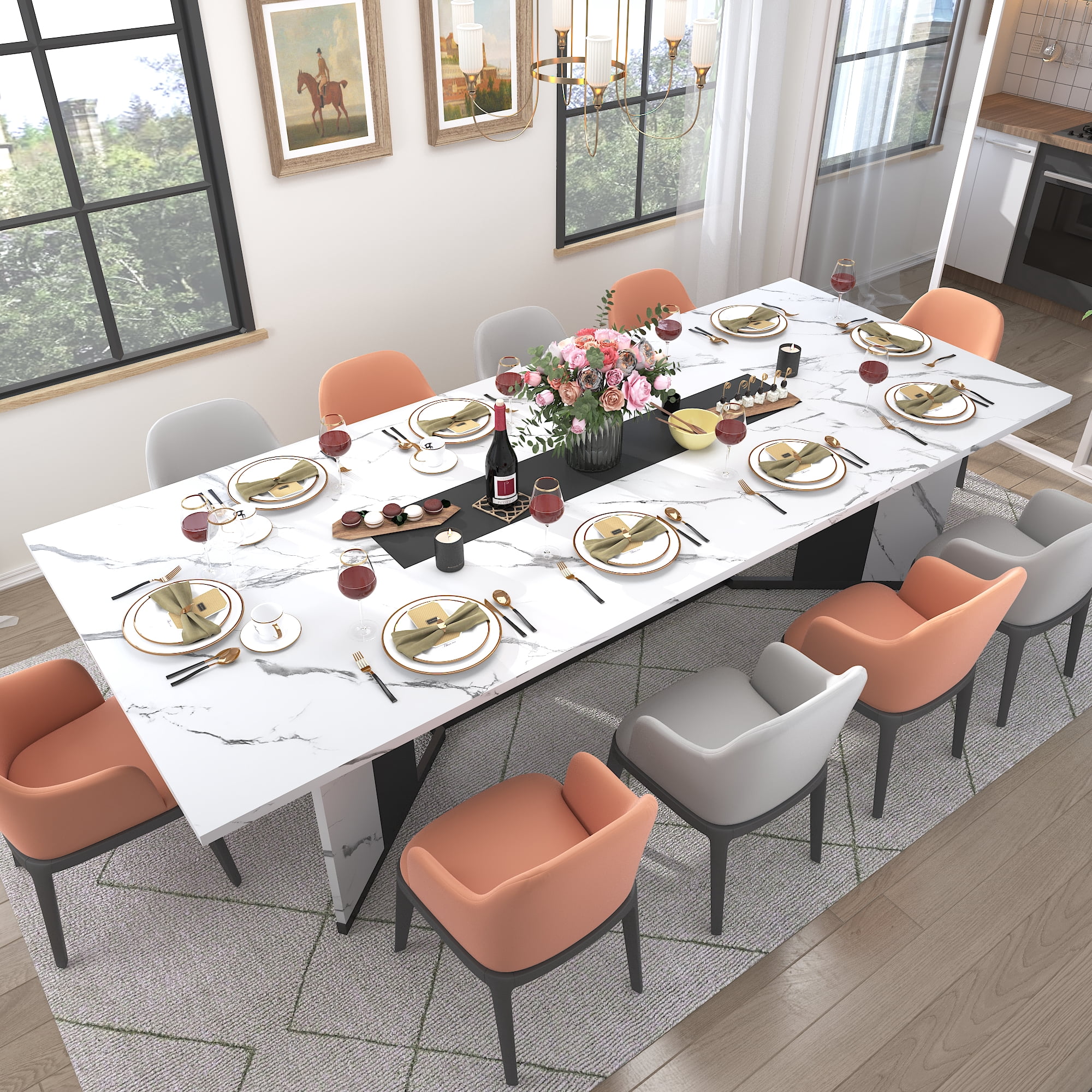 95 inch Large Rectangular Dining Table for 10-12 People, Dining Table with Marble-Color Wood Waterproof Tabletop and Adjustable Leg, 7.9ft Luxurious Family Dinner Table for Office Kitchen Living Room
