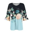 thumbnail image 4 of TQWQT Plus Size Tops for Women Summer 4x-5x Tunic Summer Shirts Ethnic Floral Print V Neck Pleated Ruffle 3/4 Sleeve Shirts Dressy Casual Blouse Light Blue 2XL, 4 of 5