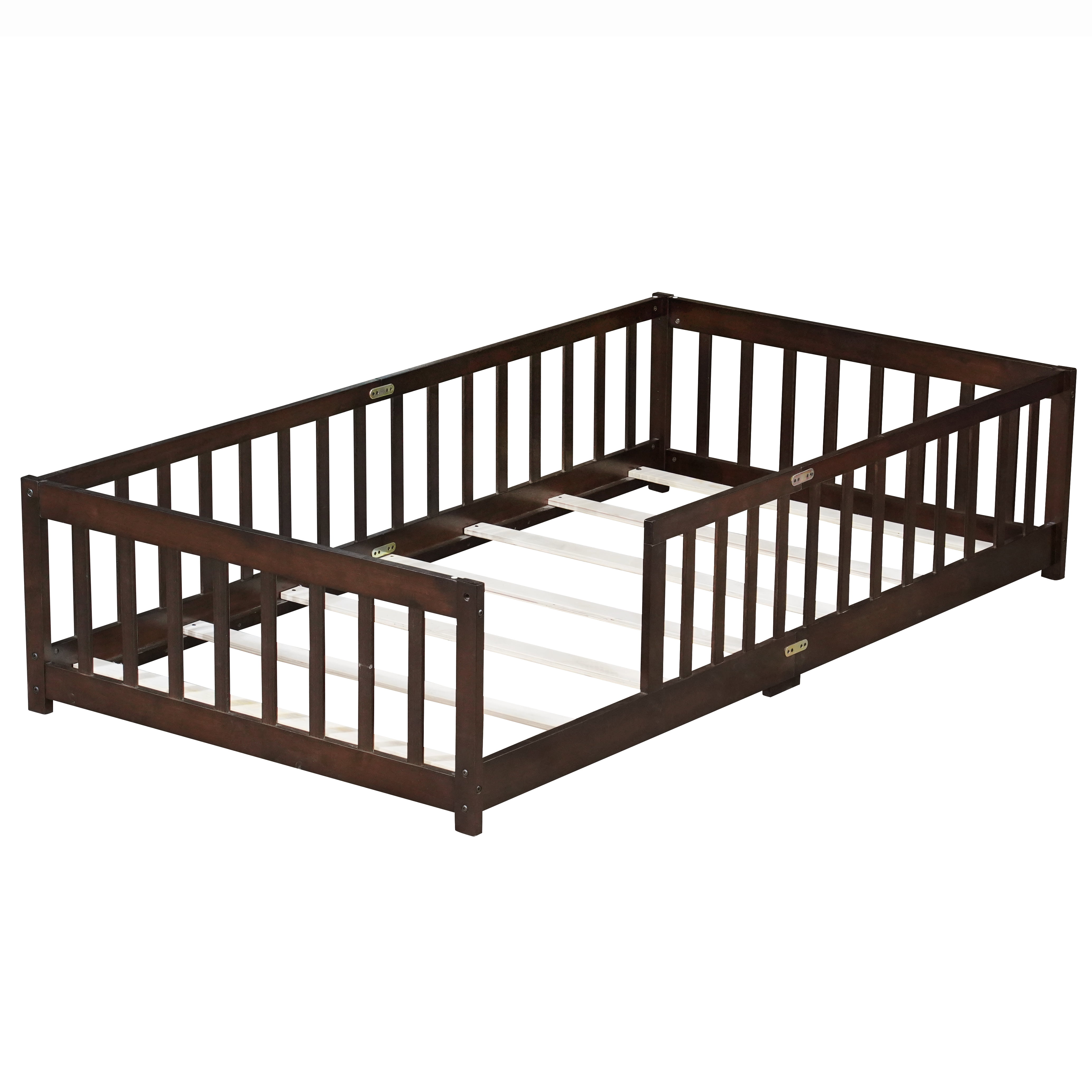 Miniyam Wooden Twin Size Floor Bed with Safety Fence for Kids, Espresso