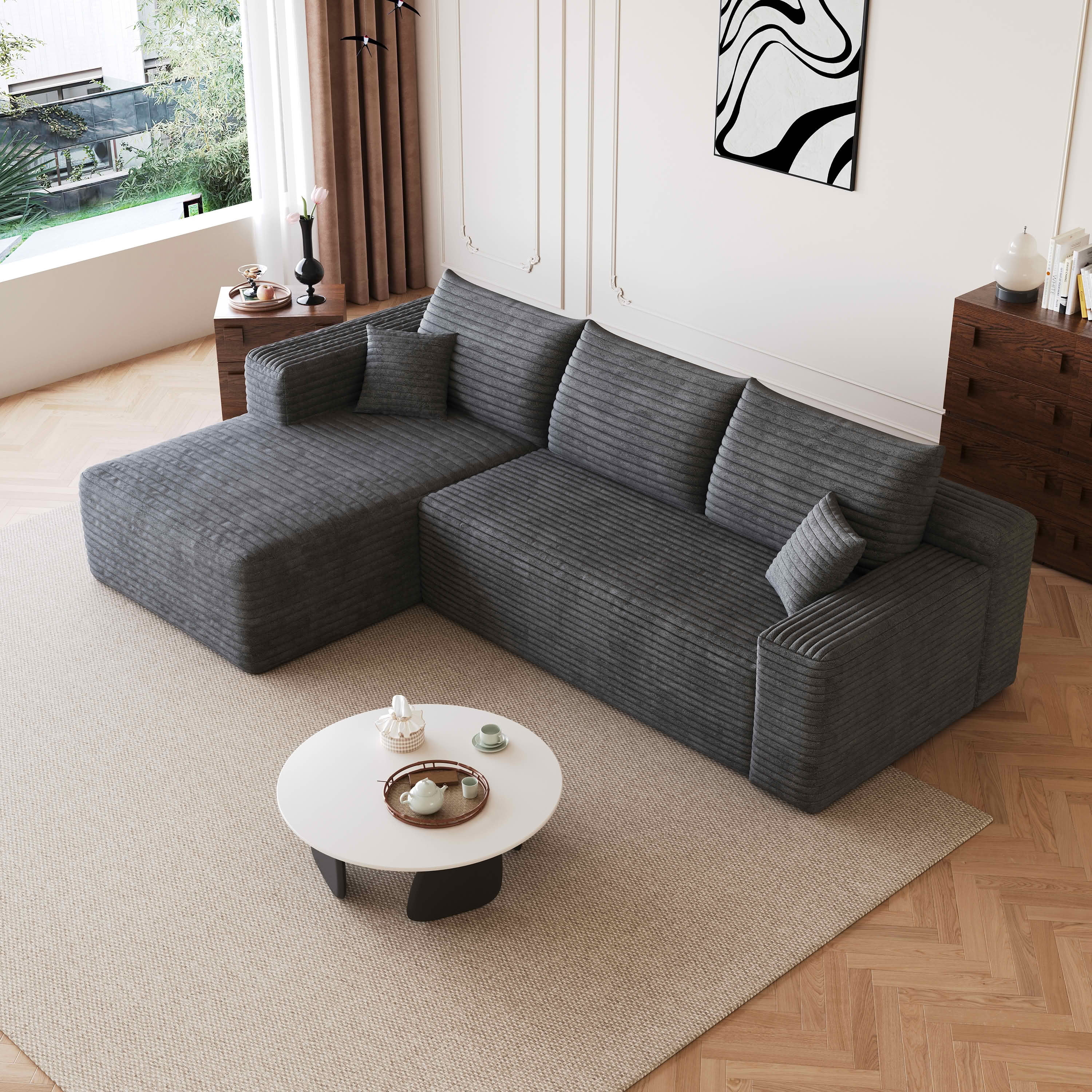 MAYEERTY 95" L-Shaped Cloud Sectional Sofa, Plush Corduroy Modern Minimalist Couch, Deep Seat Upholstered Corner Sofa with Cloud-Like Comfort, No Assembly Required for Living Room