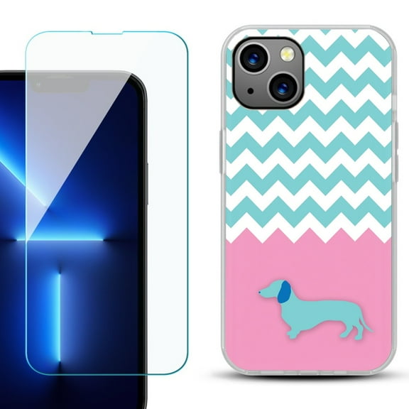 Slim-Fit Gel TPU Phone Case for iPhone 14, with Tempered Glass Screen Protector, by OneToughShield ® - Chevron/Dachshund/Puppy
