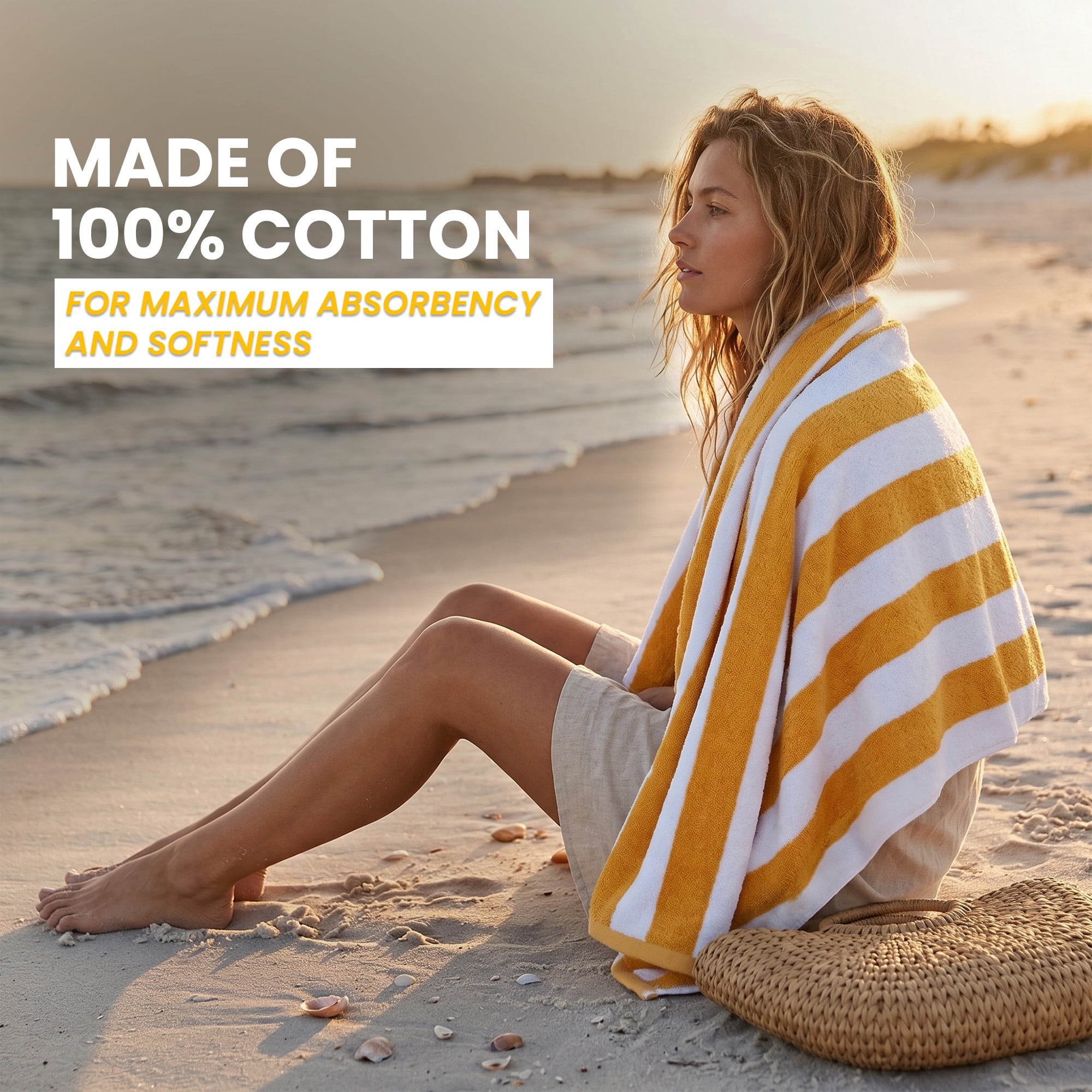 Yellow Cabana Stripe Extra Large Bulk Beach Towels 32x64 Pack of 36 - Soft Ringspun 100% Cotton Pool Towels - 3 Dozen Wholesale Beach Towel - Highly Absorbent – Perfect for Hotels, Pools and Resorts