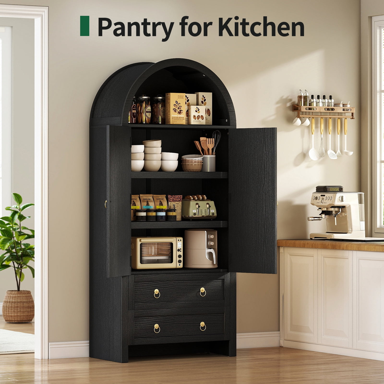 71" Tall Arched Kitchen Pantry Storage Cabinet with Rattan Doors,Wood Pantry Cabinet with 2 Drawers and 6 Shelves for Dining Room, Living Room,Black