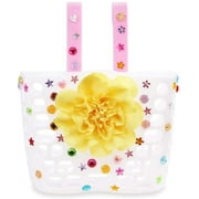 MINI-FACTORY Kid's Bike Basket, Cute Flower + Bling DIY Crystal Stickers Bicycle Front Handlebar Basket for Kid Girls (White)