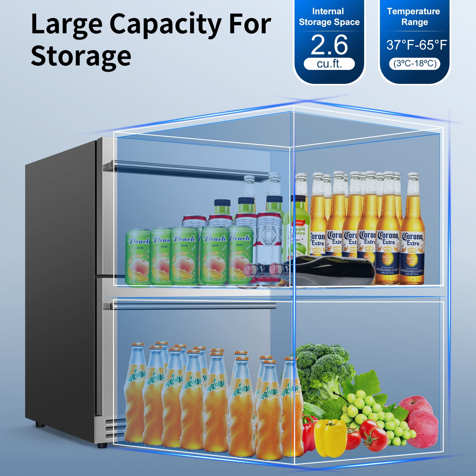 Nipus 24 Inch Double Drawer Beverage Refrigerator,180 Cans,Wine Beer Cooler Under Counter,2 Grid Organizer,for Indoor or Outdoor,Silver