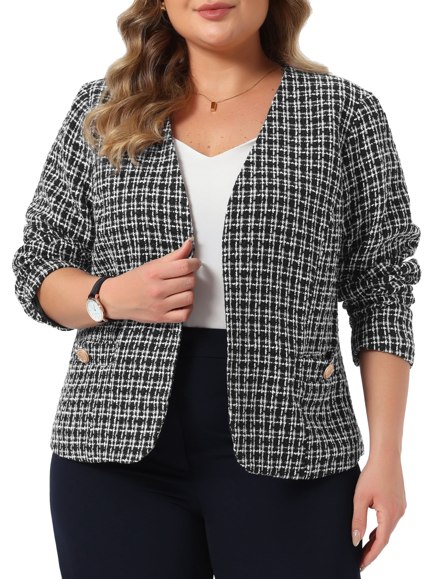 DARING DIVA Women's Plus Tweed Blazer Open Front Long Sleeve Jacket 1X Black