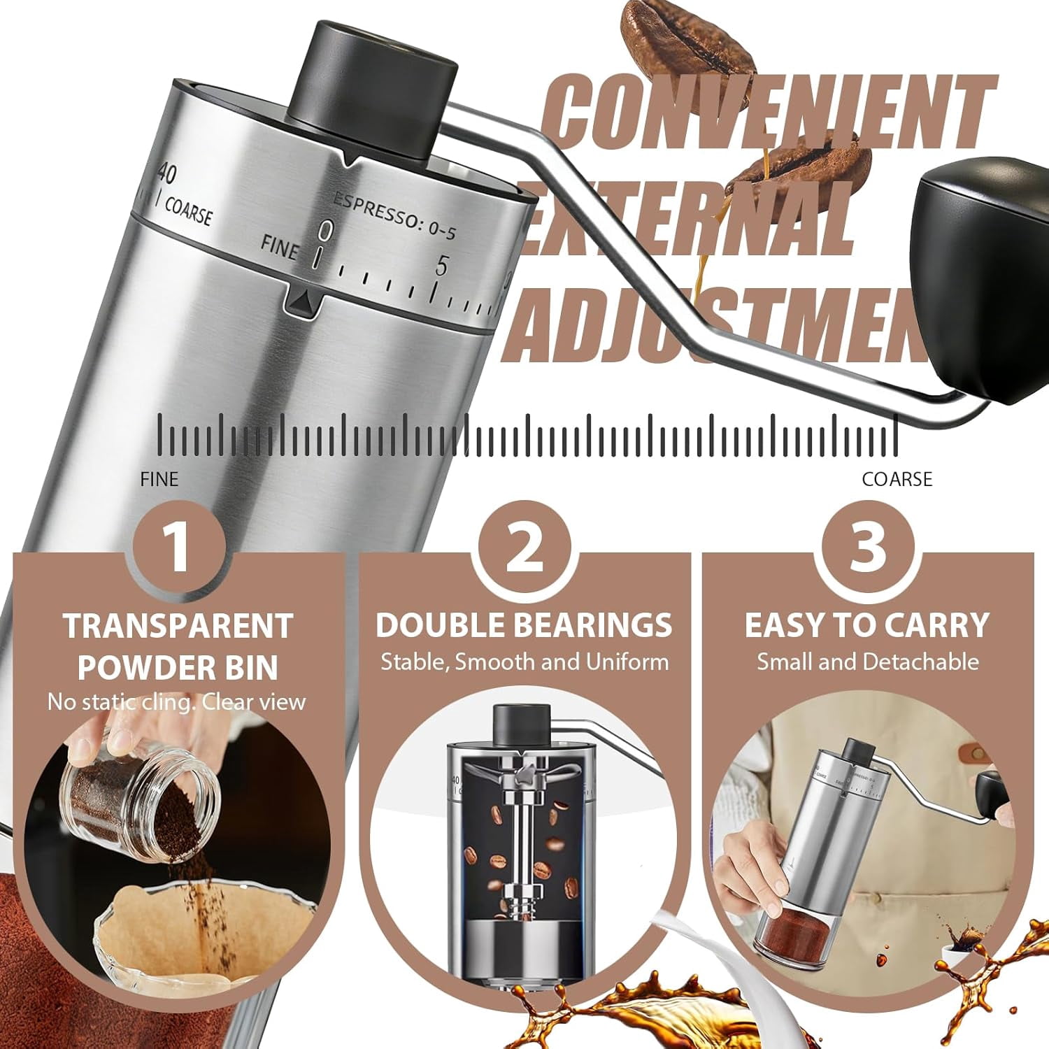 Manual 40 External Adjustable Settings, Ceramic Conical Burr Stainless Steel Hand Coffee Bean Grinder, Portable Coffee Mill for Espresso, Pour Over, French Press, Camping Travel
