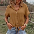 thumbnail image 2 of Women Summer Tops Women's Summer New Solid Color Button Up Cardigan With Tie Up Short Sleeves Womens Tops Casual Fit Stretch T Shirt Women Athletic Shirts Shorts Colorful Undershirts Ladies Brown L, 2 of 5