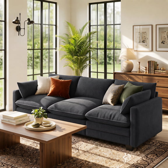 Asofer 110" Corduroy 3‑Seater Cloud Sofa, Upholstered Couch with Extra Deep Seats, 2 Throw Pillows for Small Space & Apartment, Dark Gray