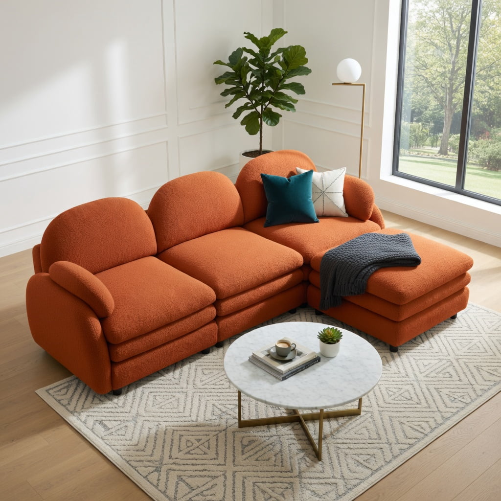 Hommoo Teddy Fleece Modular Loveseat Sofa, 2-Seater Cloud-Like Comfort Couch with Curved Backrest, Lumbar Pillows & Double-Layer Cushions, Orange